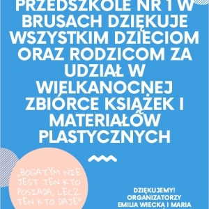 Plakat z podziękowaniem za wzięcie udziału w wielkanocnej zbiórce książek i materiałów plastycznych
