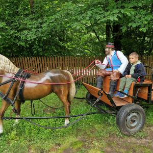 Chłopiec siedzi w dorożce obok figurki  woźnicy