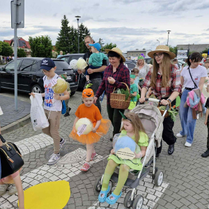 „Nasza warzywna drużyna z wiersza 'Na straganie' maszeruje przez miasto z balonami z cytatami Brzechwy.”