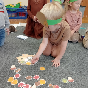 chłopiec dopasowuje obrazki do odpowiedniego konturu