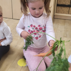 Dziewczynka trzymająca marchewkę.