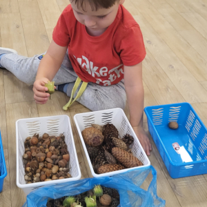 Chłopiec podczas próby klasyfikowania elementów.