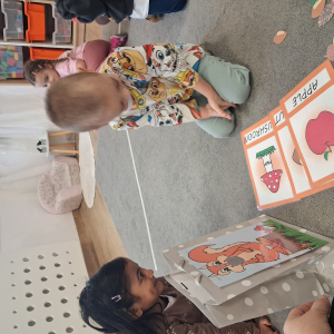 dziecko karmi wiewiórkę obrazkami przedstawiającymi słownictwo jesienne