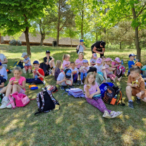 Dzieci i Panie w czasie posiłku na łonie przyrody