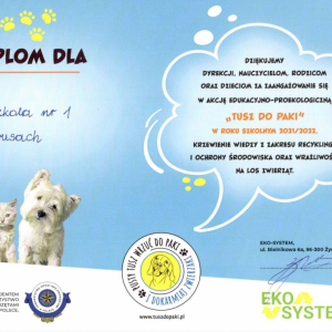 Dyplom dla Przedszkola nr 1 za udził w akcji edukacyjno - proekologicznej Tusz do paki